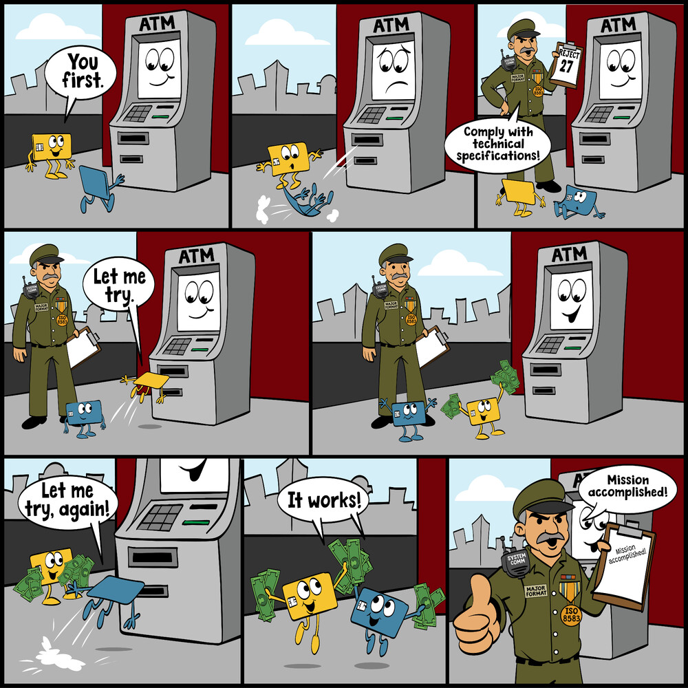 Comic strip showing the scenario: Swipey's failed attempt, Major Format with reject code, Cardo's success, and Swipey's successful retry